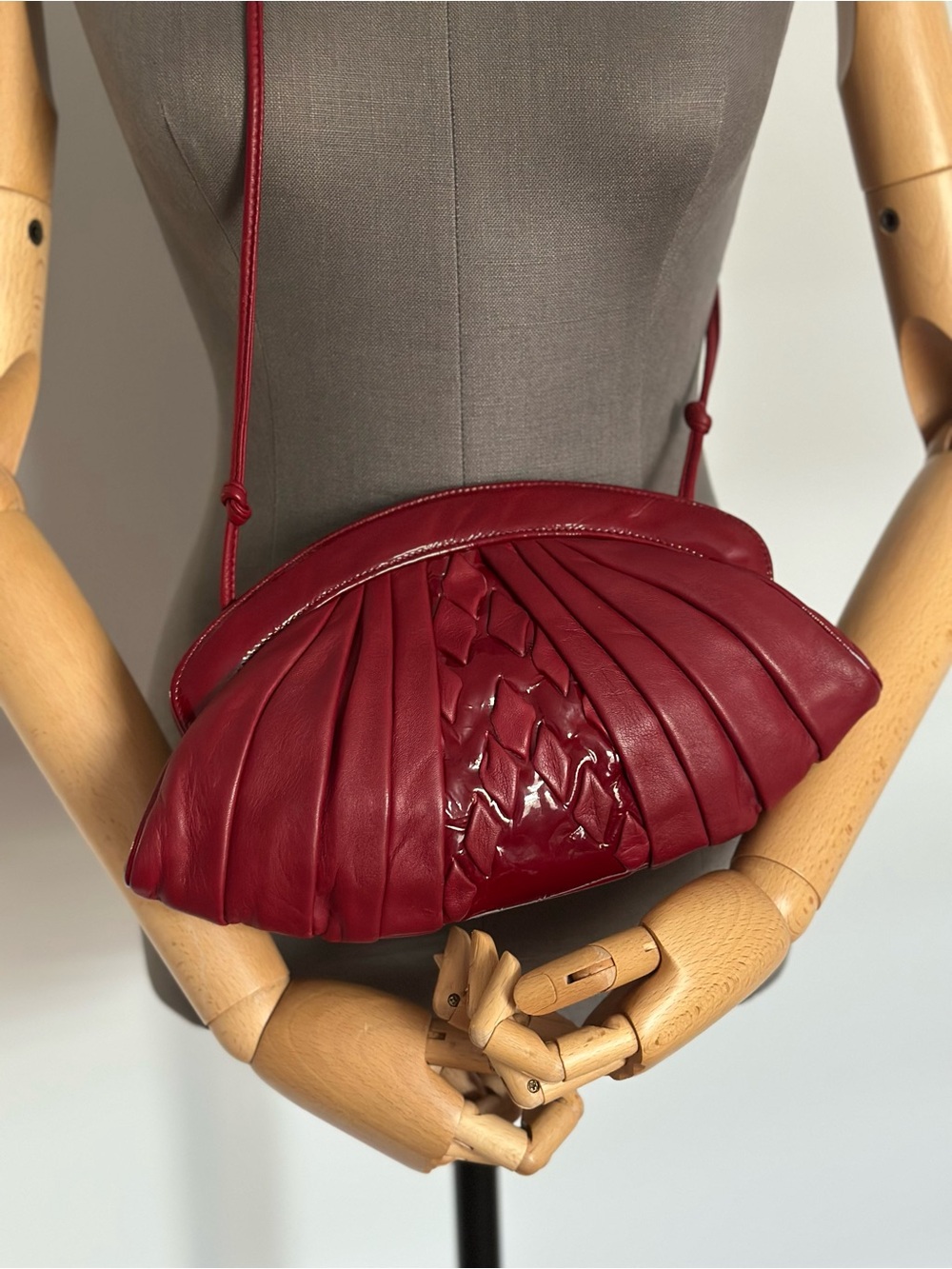 Vintage Burgundy Leather Shell Crossbody Bag Pleated Patent Leather